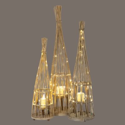 Large Conical Wicker Lantern With Glass Holder & LED Lights